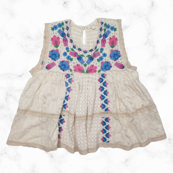 NWOT Anthropologie Let Me Be Sleeveless Embroidered Babydoll Blouse Blue Motif M - Picture 4 of 10